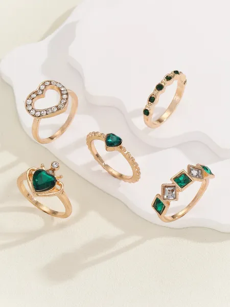 5 Pcs Green Crown Heart Finger Ring Set